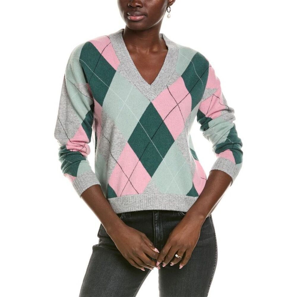 27 Miles Malibu Argyle V-Neck Sweater in Pink, Mint & Forest Green